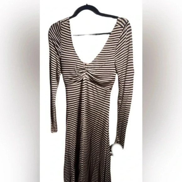 Tracy Reese long sleeve day 2 nite stretch  cream/black striped high low dress M - Picture 2 of 4